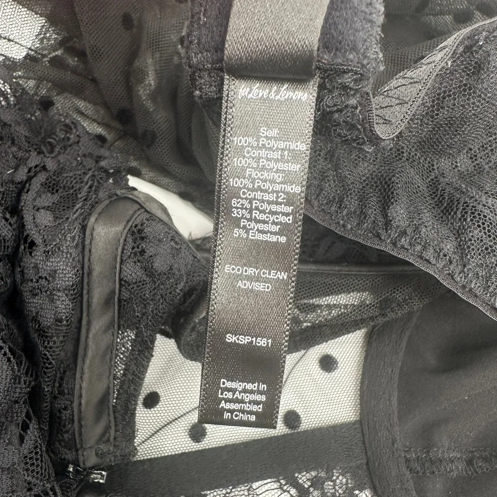 For Love & Lemons Black Lace Polka Dot Corset Sheer Ruched Mini Dress Womens L - Picture 8 of 11